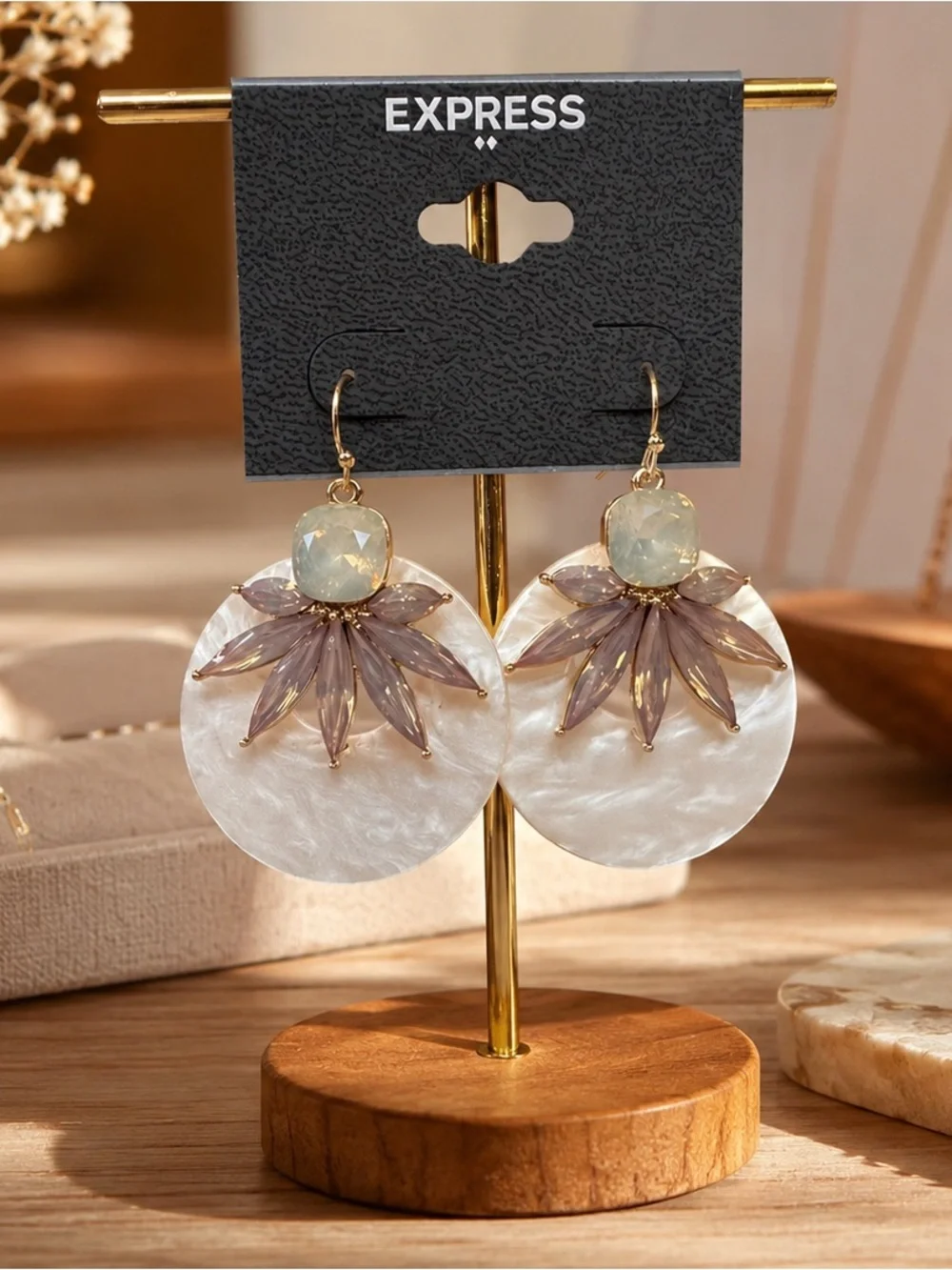 5 for $25:Express White Mother-of-Pearl Drop Earrings with Pale Lavender Accents